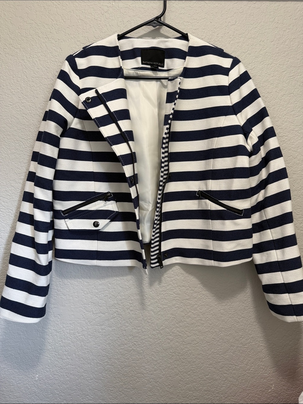 Banana Republic Navy and White Striped Cropped Blazer